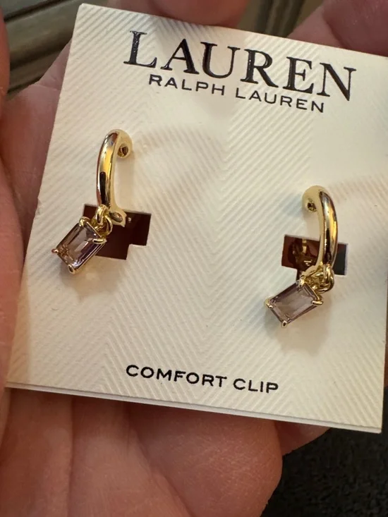 Lauren Ralph Lauren Gold Hoop Earrings with purple Rectangular Stones - Picture 3 of 3